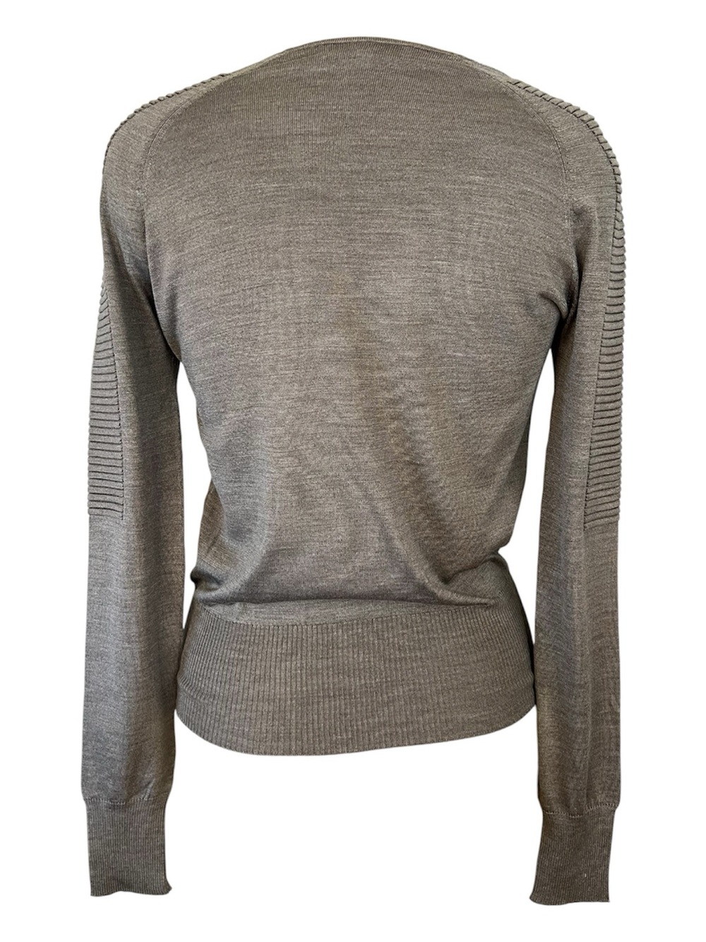 Nelle Partow Silk Knit Taupe minimalist Sweater with ribbed textured sleeves - Picture 3 of 6